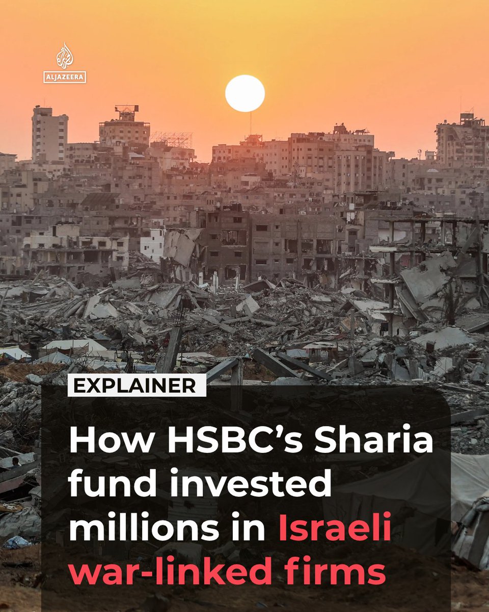 AJEnglish's tweet photo. The UK’s biggest so-called Sharia-compliant fund spent more than $130 million on shares in companies linked to the Israeli military amid the genocide in Gaza, pogroms in the occupied West Bank and occupation of southern Lebanon.

Here's what we know 👉 https://t.co/jXX36URJ00 https://t.co/QCuo9ygfcJ
