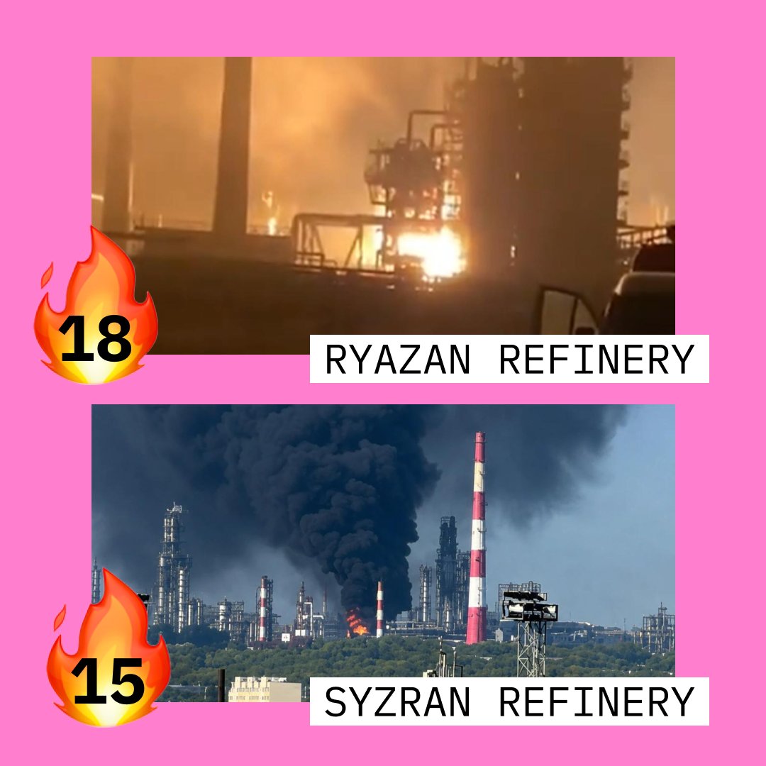 FirePointUA's tweet photo. 🔥 Russian oil refineries: frequent flyers' club. 

Ukrainian Defense Forces' rating of Russian oil refineries by number of strikes.

No sooner is one strike cleared than the next arrives, leaving equipment barely patched up before FP-1 drones show up for an unannounced quality check on the repairs.

Here are the top six regulars:

20 times — Saratov Refinery
19 times — Ilsky Refinery
18 times — Ryazan Refinery
15 times — Syzran & Afipsky Refineries
13 times — Tuapse Refinery