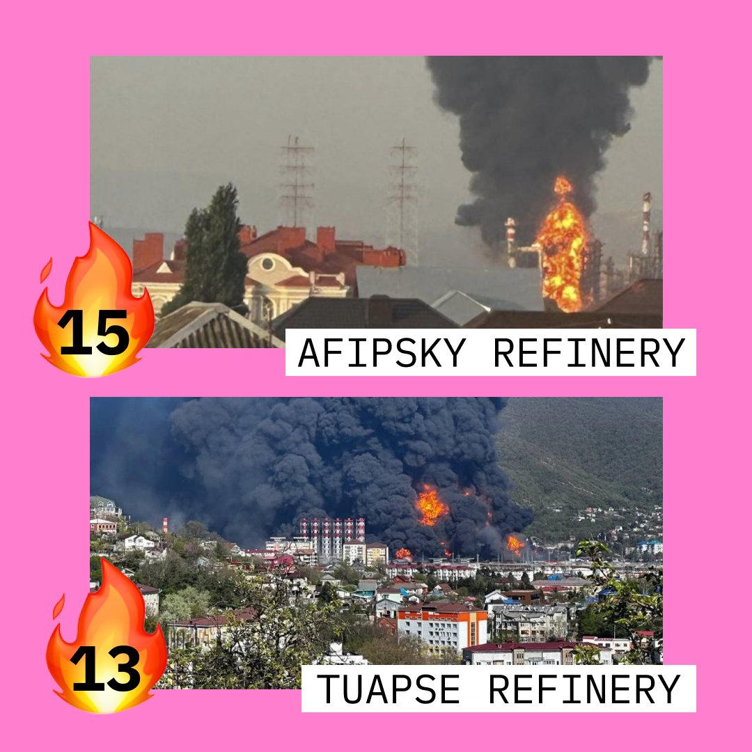 FirePointUA's tweet photo. 🔥 Russian oil refineries: frequent flyers' club. 

Ukrainian Defense Forces' rating of Russian oil refineries by number of strikes.

No sooner is one strike cleared than the next arrives, leaving equipment barely patched up before FP-1 drones show up for an unannounced quality check on the repairs.

Here are the top six regulars:

20 times — Saratov Refinery
19 times — Ilsky Refinery
18 times — Ryazan Refinery
15 times — Syzran & Afipsky Refineries
13 times — Tuapse Refinery