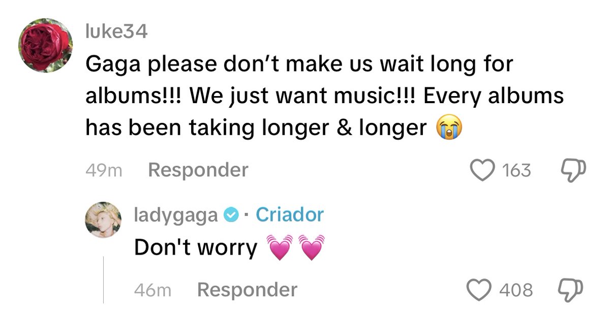 RDTLadyGaga's tweet photo. 🚨🔥 Eita! Lady Gaga respondeu um fã que pediu por novos álbuns em sua última publicação no TikTok: 

Fã: “Gaga por favor não nos faça esperar muito por novos álbuns!!! Nós queremos música!!! Todos álbuns demoraram muito 😭” 

Gaga: “Não se preocupe 🩷🩷” https://t.co/wPku8aJYGA