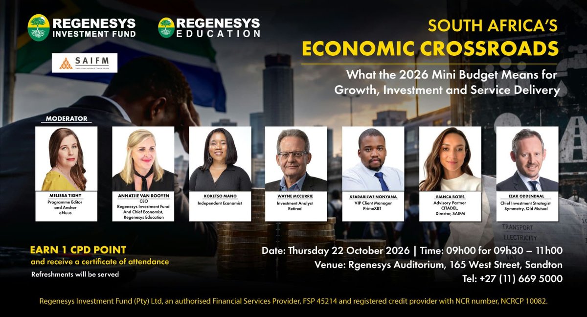 ProVerbMusic's tweet photo. You are invited to attend the Regenesys Investment Fund Mini Budget 2026 Panel Discussion, where a panel of experts will unpack the key announcements from South Africa's Medium-Term Budget Policy Statement (MTBPS) and discuss the implications for the economy, business, and investors.

Event Details
Date: 22 October 2026
Time: 09:00 – 11:00
Venue: Regenesys Education Auditorium, 165 West Street, Sandton
RSVP - https://t.co/lQSraW35Q0

The discussion takes place the morning after Finance Minister Enoch Godongwana delivers the MTBPS and will provide timely analysis, expert insights, and opportunities for media engagement. The session will be moderated by Melissa Tighy from eNCA.

We look forward to welcoming you.