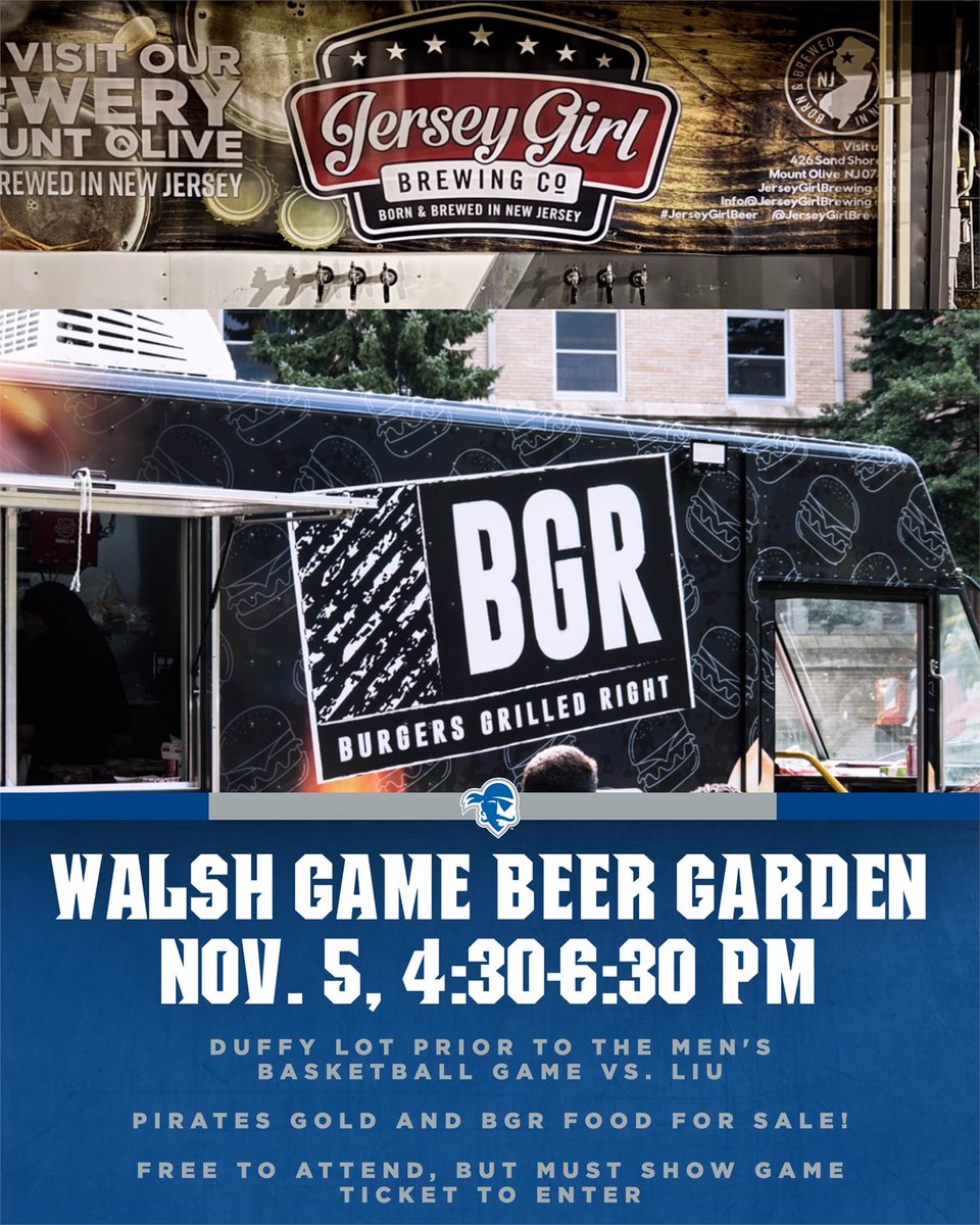 SHUAthletics's tweet photo. We're hosting 2 @SetonHallMBB games in Walsh this year &amp; you can get your tix for both now! The Beer Garden returns for the 11/5 game w/ Pirates Gold brewed by Jersey Girl Brewing &amp; food by BGR! 

Game Tix: https://t.co/fltPTfIIEn
Beer Garden Registration: https://t.co/ozlml65cOB https://t.co/v9NOQBcESS