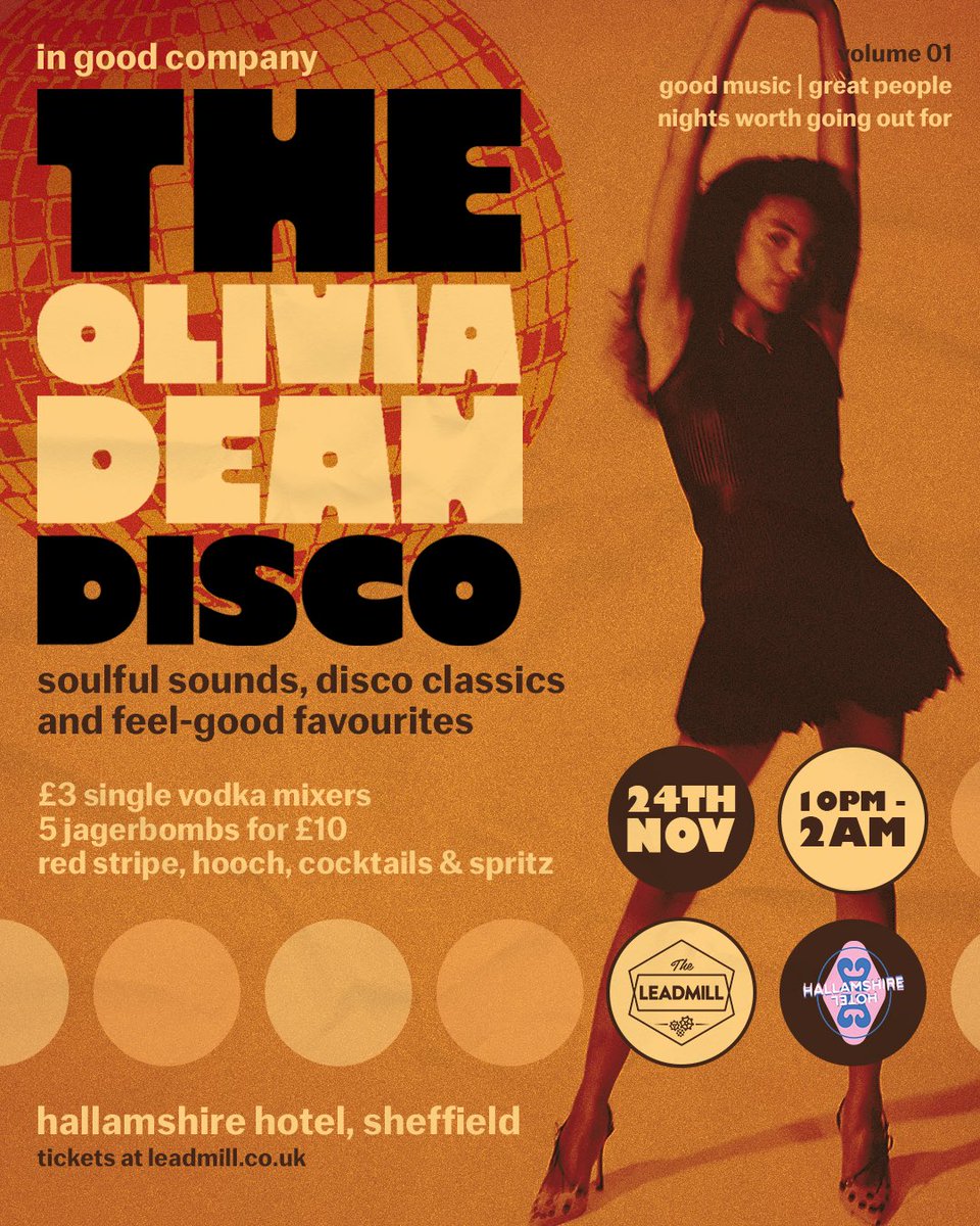 Leadmill's tweet photo. Something new is coming to Sheffield...

Introducing In Good Company: A new home for good music, great people and nights worth going out for. Think soulful sounds, disco classics, feel-good favourites and dancefloors that bring everyone together.

We’re kicking things off at Hallamshire Hotel on 24th November with Volume 01 - The Olivia Dean Disco. Celebrating her biggest songs and the artists who belong on the same dancefloor 🪩 

On sale Friday 23rd October. Come and be part of the story.

£5 advance tickets
£7 on the door
Limited capacity

More info > https://t.co/quLPHtMcn5