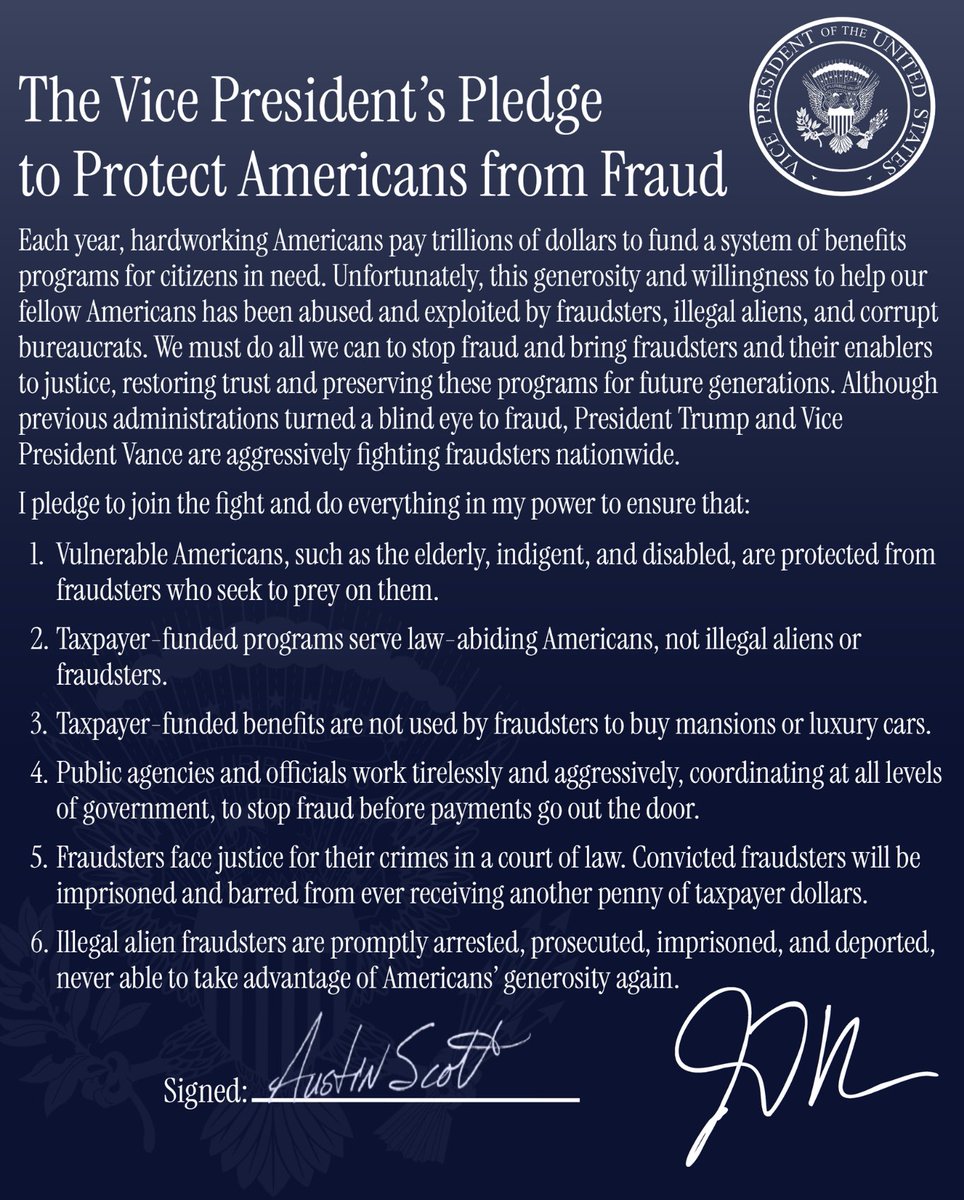A dark blue formal pledge document with a circular vice presidential seal near the top right, several paragraphs and a numbered list, and handwritten signatures at the bottom. It contains text.