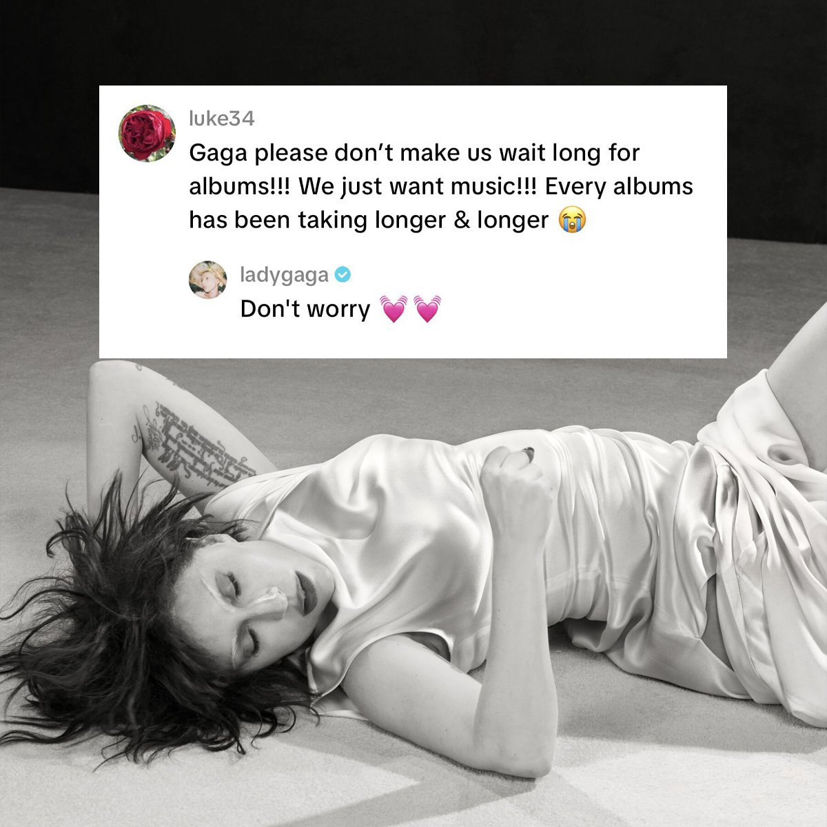 gagadaily's tweet photo. Fan: “Please don’t make us wait for [new music]”

Lady Gaga: “Don’t worry” 👀 https://t.co/z9jilb0OEH