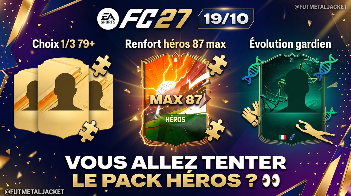 FUTMetalJacket's tweet photo. 🚨 Le programme du soir sur #FC27 (19/10)

🧩 Choix 1/3 79+
🧩 Renfort héros 87 max
🧬 Évolution gardien 

Vous allez tenter le pack héros 👀 ? https://t.co/DmKOq5kF81