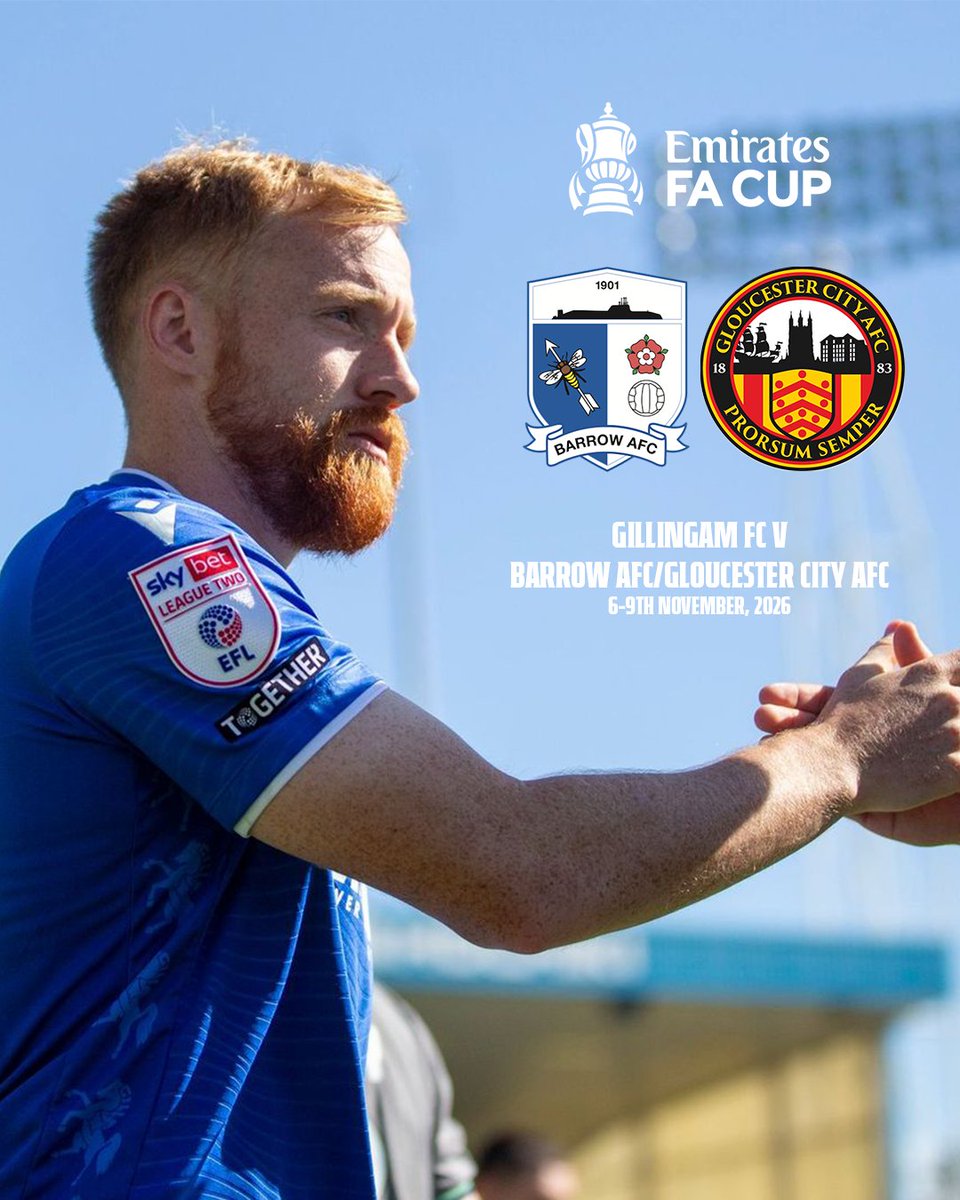 TheGillsFC's tweet photo. We have been drawn against either @BarrowAFC or @GCAFCofficial at Priestfield in the First Round of the @EmiratesFACup 🏆

The tie will be played across the weekend of the 6-9th of November 📆

#ActuallyGills | #Gills https://t.co/FSCz6qeWeg