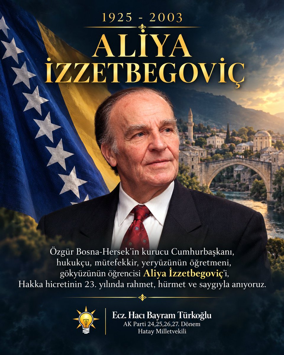 HBTurkoglu's tweet photo. ❝İstediğiniz kadar dağlara haç koyun. Gökyüzüne her baktığınızda hilali göreceksiniz.❞

📌Özgür Bosna-Hersek'in kurucu Cumhurbaşkanı, hukukçu, mütefekkir, yeryüzünün öğretmeni ve gökyüzünün öğrencisi #Aliyaİzzetbegoviç’i; Hakka hicretinin 23. yılında rahmet, hürmet ve saygıyla anıyoruz.🤲🥀🇹🇷🤝🇧🇦