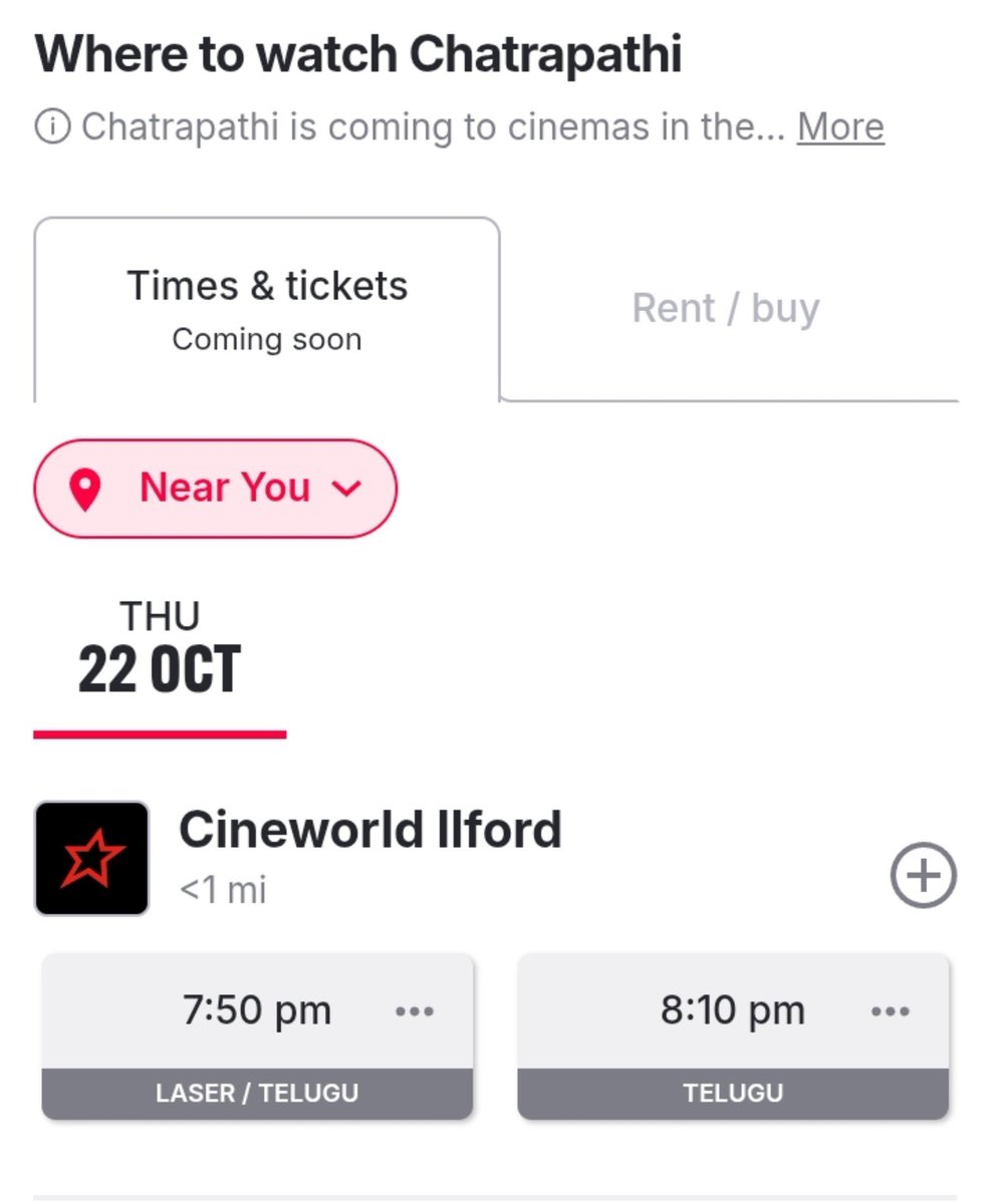 SShanthReddy's tweet photo. #Chatrapathi4K - UK π¬π§
NEW SHOW ADDED at @Cineworld Ilford π₯
Book Your Tickets ποΈ
OVERSEAS SPECIAL SHOWS ON OCT 22 π₯
#Prabhas #RebelWood https://t.co/A8nfCF7jIe