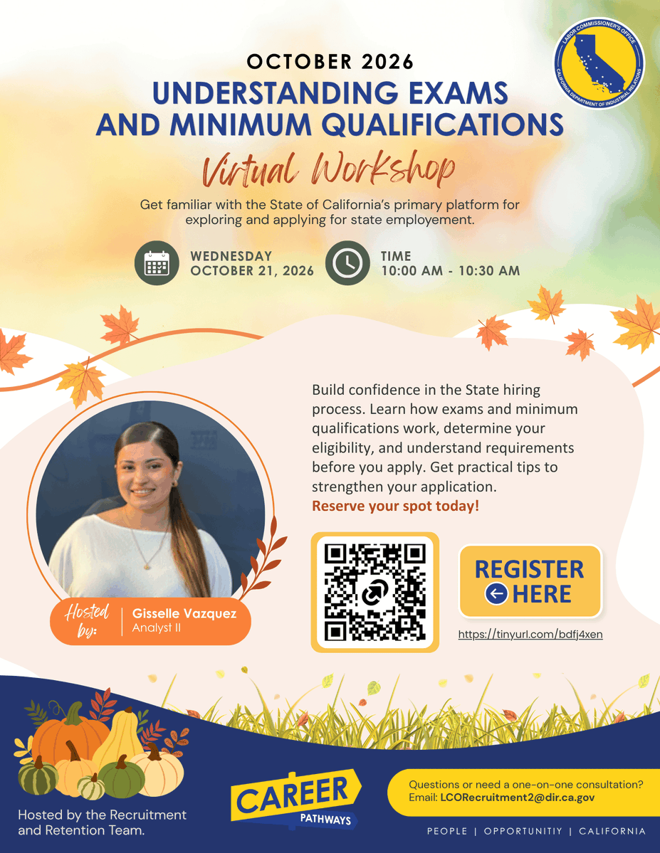 CA_DIR's tweet photo. 💡 Join the Labor Commissioner’s Recruitment and Retention Team for a Virtual Workshop! 💡

📲 Register now: https://t.co/U0mWr09CPe

We look forward to seeing you there!  

#Hiring #Webinar #JobSearch #CAStateJobs #Work4CA #LCORecruitment https://t.co/1tOYgv4Uuu
