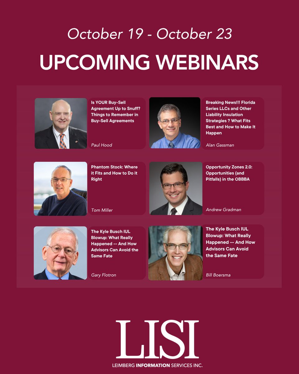 LeimbergService's tweet photo. Here’s a peek at a few of this week’s LISI webinars! 📚 Expert insights on timely tax, estate planning, and wealth management topics.
Find a webinar that interests you! 👇
🔗 https://t.co/OhPKXhgWKl
#EstatePlanning #TaxPlanning #Webinars https://t.co/endBUkkzf6