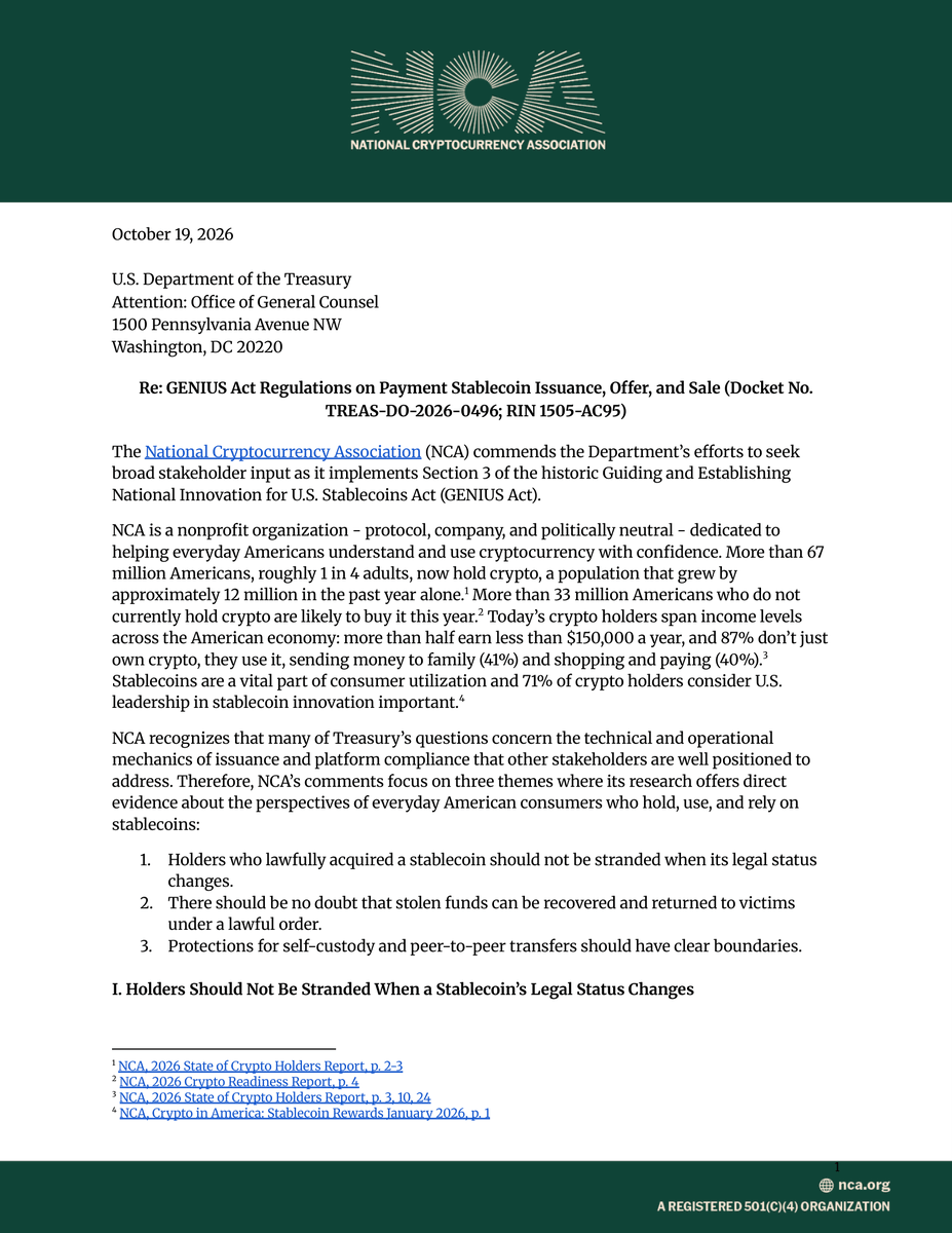 NatCryptoAssoc's tweet photo. 📣 Today NCA submitted comments to @USTreasury on its proposed GENIUS Act rules for payment stablecoins.

Stablecoins are becoming part of everyday life for consumers and businesses. Our comments focus on protecting holders as the new rules take effect: giving them time to redeem, sell, or convert their stablecoins if their legal status changes, making sure stolen funds could  be returned to victims, and keeping self-custody and peer-to-peer transfers protected.

Read the full letter 👇