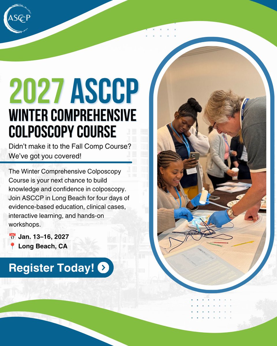 ASCCP's tweet photo. 🍂 Missed Fall Comp? No worries! ❄️
Your next chance to build colposcopy knowledge &amp; confidence is the Winter Comprehensive Colposcopy Course in Long Beach, Jan. 13–16, 2027.
🔬 Education + clinical cases + hands-on learning
👉 https://t.co/ivjD4wz6yg https://t.co/coD74HiAER