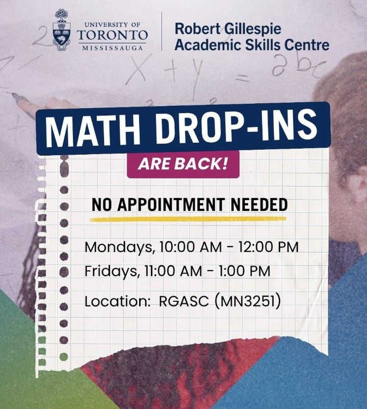 UTM's tweet photo. Math Drop-Ins are happening at the RGASC!

No appointment required, just stop by with your work and questions ready to go! ➗
📍 RGASC (MN3251)
📆 Mondays, 10 a.m. - 12 p.m. &amp; Fridays, 11 a.m. - 1 p.m.

Come to the centre to get math support when you need it. https://t.co/6iAmjkPreX