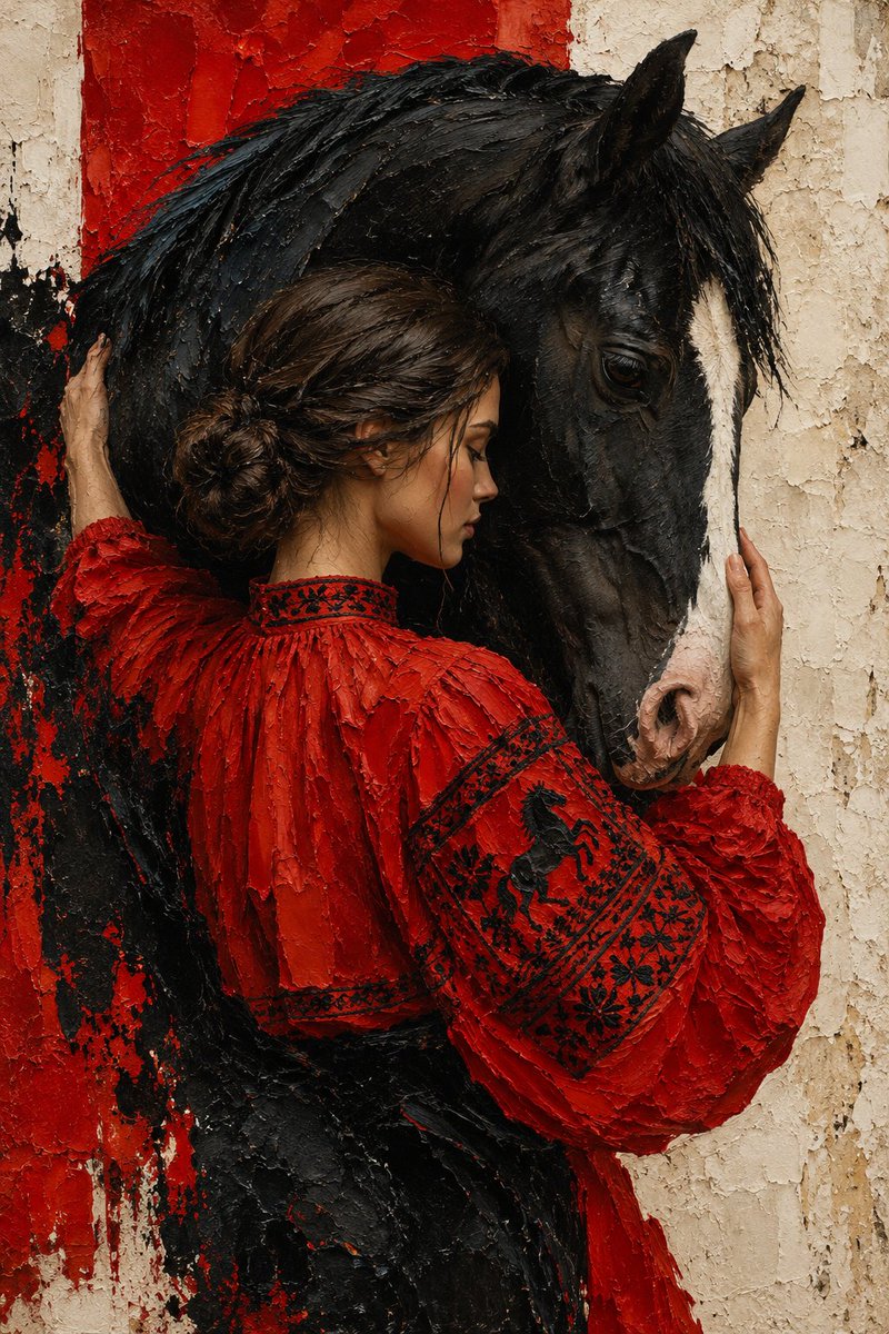 Tanvir48992's tweet photo. Some bonds are felt by the soul, not explained by words. 🖤🐎❤️

Hyper-detailed contemporary oil painting, thick impasto palette-knife texture, vertical composition. A woman seen from behind and in profile, with dark brown hair pulled back into a loose braided low bun, olive-toned skin, eyes closed or gently downcast, a calm, tender, introspective expression. She wears a vivid crimson-red peasant-style blouse with voluminous gathered balloon sleeves, a stand-up embroidered neckline, and intricate black embroidered bands on the sleeves featuring ornate folk motifs and a small rearing horse figure. The fabric is heavily textured with visible thick brush strokes and palette-knife ridges, with raw black paint smears blending into the red on the left.

She embraces a massive black horse: one arm wraps around its neck, the other hand gently touches its face near the white blaze. The horse's head is lowered and turned toward her, with a deep, soulful dark eye, glossy black coat with realistic fur detail, a white stripe down its face, and pink muzzle. Their bodies merge into one dark, curving shape.

Background: abstract color-block composition, a bold vertical red rectangle behind the horse's neck, the rest a weathered, cracked cream-ivory plaster wall with thick scraped texture and subtle beige stains.

Palette: limited and dramatic, crimson red, deep black, warm cream, with natural skin tones.

Lighting: soft, warm, diffused studio light, gentle shadows on her face and shoulder, strong contrast between black horse and red cloth.

Mood: intimate, emotional, timeless bond between woman and horse, fine art gallery masterpiece, modern realism meets expressionism, museum quality, ultra-detailed, 8K.