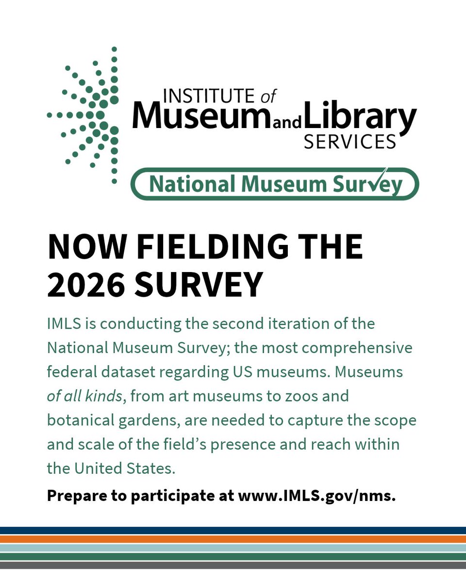 US_IMLS's tweet photo. Did you know that data from the National Museum Survey is available through the NMS Data Portal on our website? 

This interactive tool allows museums to explore results by region, discipline, and institution size, benchmark against peers, identify emerging trends, support strategic planning, and demonstrate impact to funders and stakeholders. 

The value of this resource depends on broad participation from museums across the country. By participating in the 2026 National Museum Survey, museums help build a stronger, more representative dataset that benefits the entire field. 

If your institution has not received an invitation, please contact NMS@IMLS.gov. 

#IMLSnms