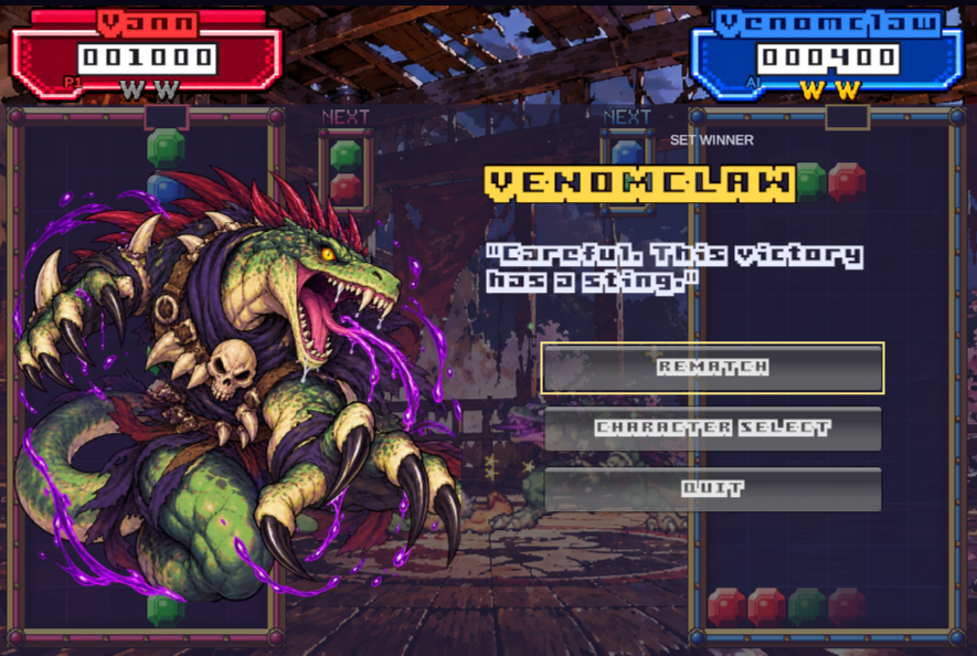 W0lfByteStudios's tweet photo. Venomclaw takes the win—and has a few words afterward. 💀 A peek at the Gem Battles victory screen. #IndieGame #GameDev https://t.co/rLFkDF7mj5