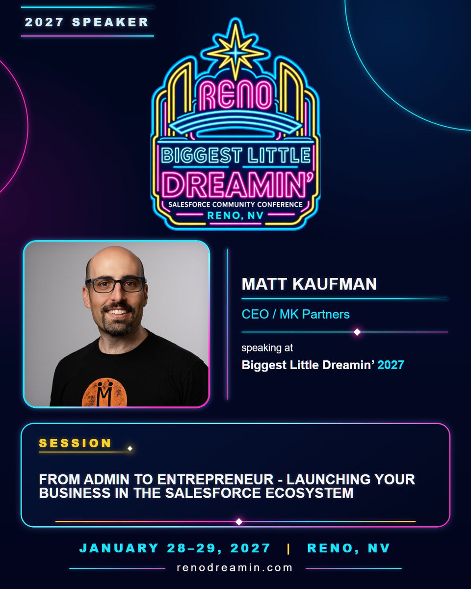 bld_sf's tweet photo. Thinking about starting your own Salesforce consultancy? Matt Kaufman, CEO of MK Partners, is speaking on "From Admin to Entrepreneur" at Biggest Little Dreamin', a Salesforce Community Conference in Reno.

Jan 28-29. $99.
https://t.co/i02Df06pkH https://t.co/weQJQKoNhg