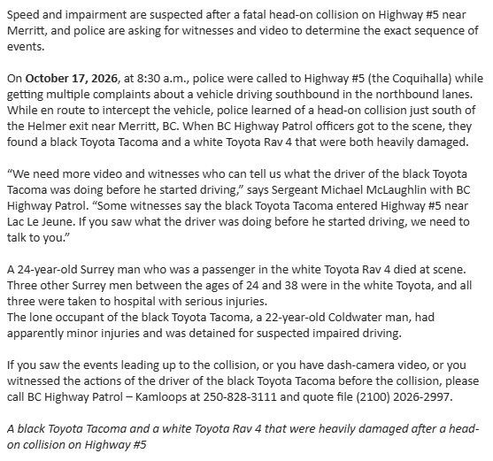 connectmnetwork's tweet photo. Police have arrested a driver involved in a fatal crash on the #CoquihallaHighway on allegations of going in the wrong direction and was impaired. A 24 yo passenger in the SUV, a man from Surrey, died at the scene. 3 other men in the SUV were hospitalized with serious injuries. https://t.co/iIqKvT91p9