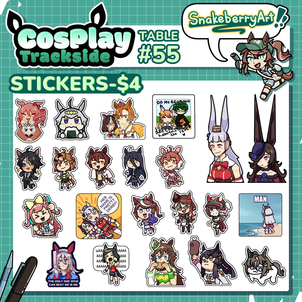 BadSprite's tweet photo. Hi yall! My friends and I will be tabling at #CosplayTrackside for both sat and sun!

Here's our catalog! You can find us at table #55 under the name SnakeberryArt!! https://t.co/dDPOnioQk9