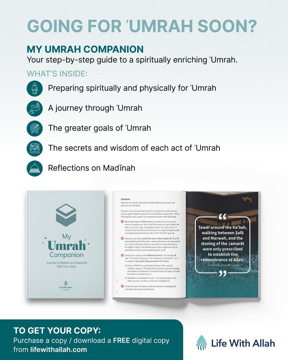 alifewithallah's tweet photo. ✈️ Going for ʿUmrah soon, or know someone who is? 🕋

Make the most of this blessed journey with My Umrah Companion, your step-by-step guide to a meaningful and transformative ʿUmrah.

https://t.co/JyQLakcG9h

To gain the full benefit of ʿUmrah, it is vital to understand not only its legal rulings but also its deeper spiritual meanings and higher objectives. Only then will the experience of ʿUmrah truly transform you.

To place a bulk order for an ʿUmrah group or programme, please contact:
📧 info@lifewithallah.com
📞 07881 935529