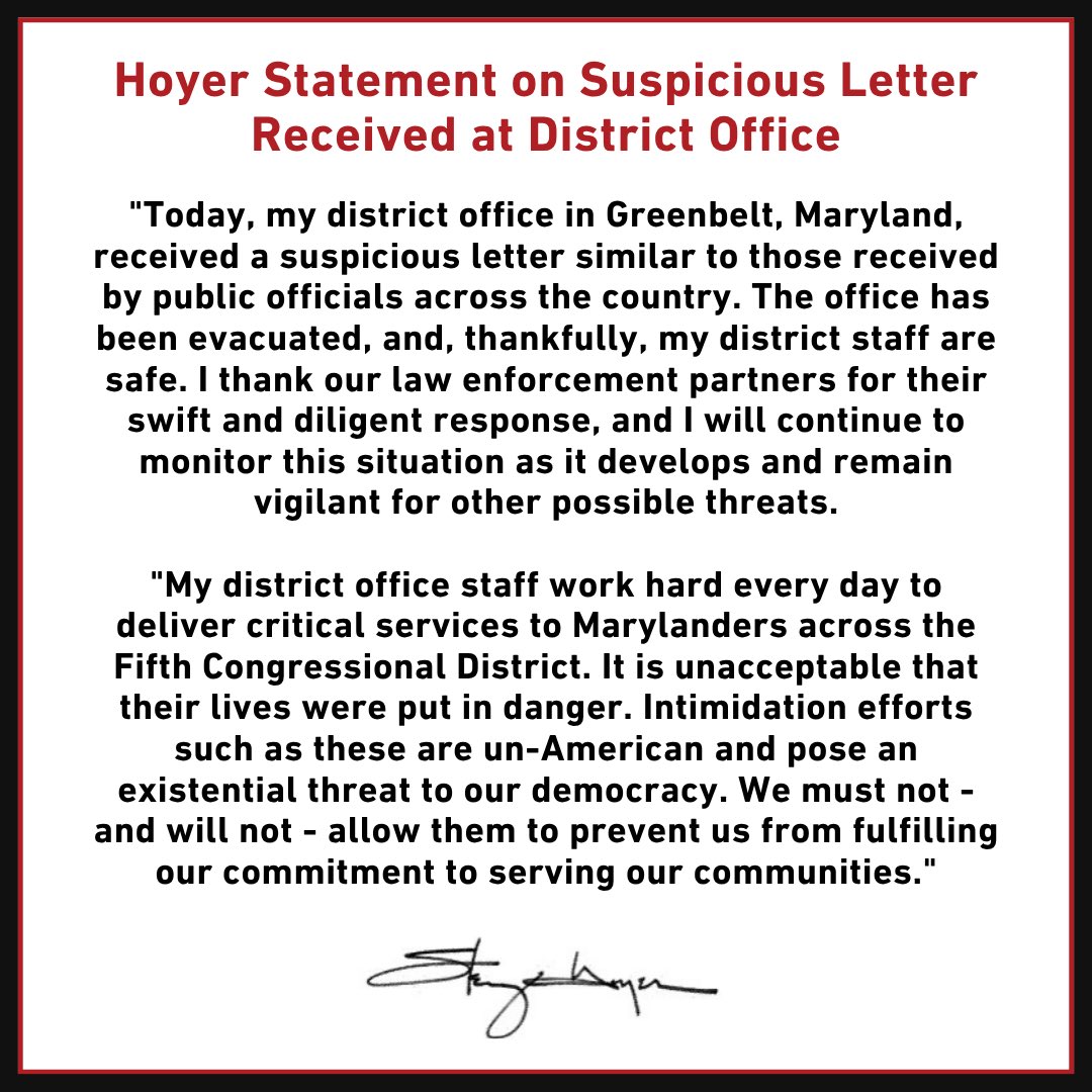 A white statement graphic with a red border, a red headline, two paragraphs of bold black text, and a handwritten signature at the bottom. It describes a suspicious letter received at a district office and the response to the incident.