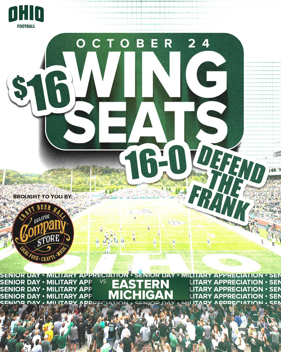 OhioFootball's tweet photo. DEFEND THE FRANK. 🧱

16-0 at home. $16 to get in. 👀

Seats in the north wings at Peden are just $16 for this Saturday, Oct. 24. 

Get Yours Now: https://t.co/BxRqdNEI26 https://t.co/MfH0XGrmNS