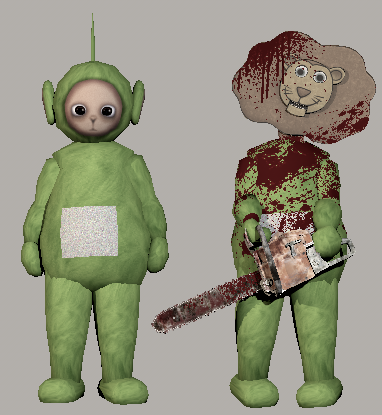 RandomWees's tweet photo. Now that everything related to The Lion's Mouth is finished, I'll post some of the work I've done on the video.
Starting with the retexturing of the Dispy model
#MythsOfTubbyland #slendytubbies https://t.co/DjVqwkI96I