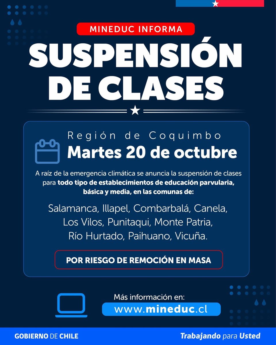 INF0SCHILE's tweet photo. ⚠️#Suspensión de #Clases Martes 20 de Octubre, #Regiones 4ta, 5ta, 6ta y Metropolitana. https://t.co/rIp0nddofs