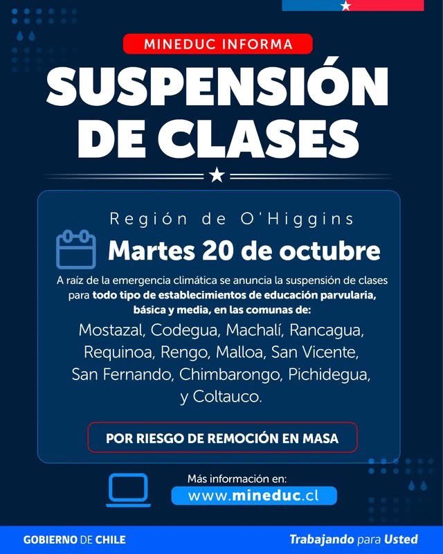INF0SCHILE's tweet photo. ⚠️#Suspensión de #Clases Martes 20 de Octubre, #Regiones 4ta, 5ta, 6ta y Metropolitana. https://t.co/rIp0nddofs