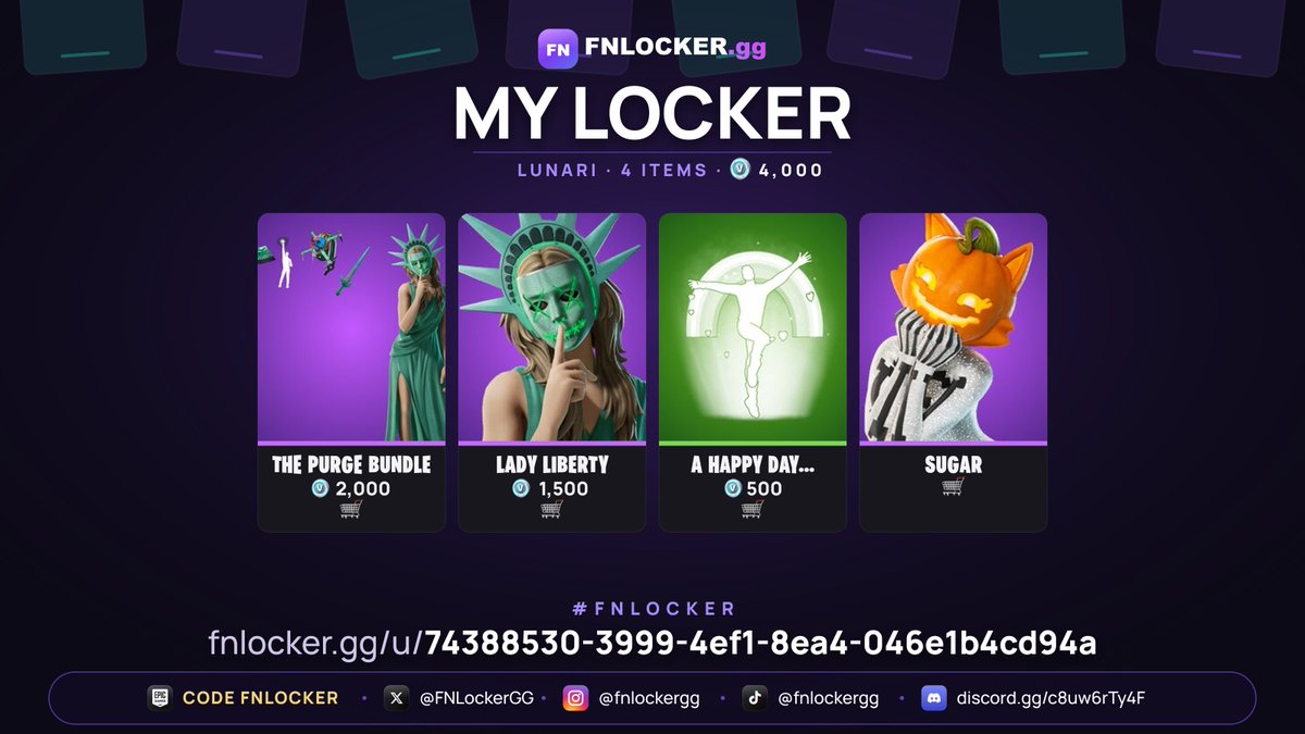 mrslunari's tweet photo. My Fortnite wishlist on FNLOCKER 🎁
https://t.co/HqAlfstGUT
#FNLockerDrop @FNLockerGG https://t.co/dcVBgWSvMG