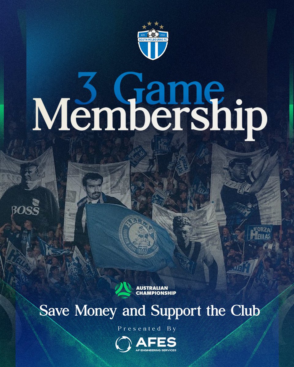 smfc's tweet photo. Get behind South Melbourne throughout the 2026 Australian Championship regular season starting this Friday against Sydney United.

An adult three game pass saves you $20 compared with gate prices and makes you a member of the club.

Bring the family, catch up with your mates and support Hellas on the national stage.

SIGN UP:
https://t.co/EwFdI2mYwg