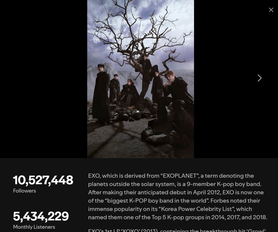 EXO_Road_to's tweet photo. EXO now has 5,434,229 monthly listeners on Spotify (+15,940). 

🎧 https://t.co/diMOhpqAqE

#EXO #엑소 https://t.co/btucS95Iaf