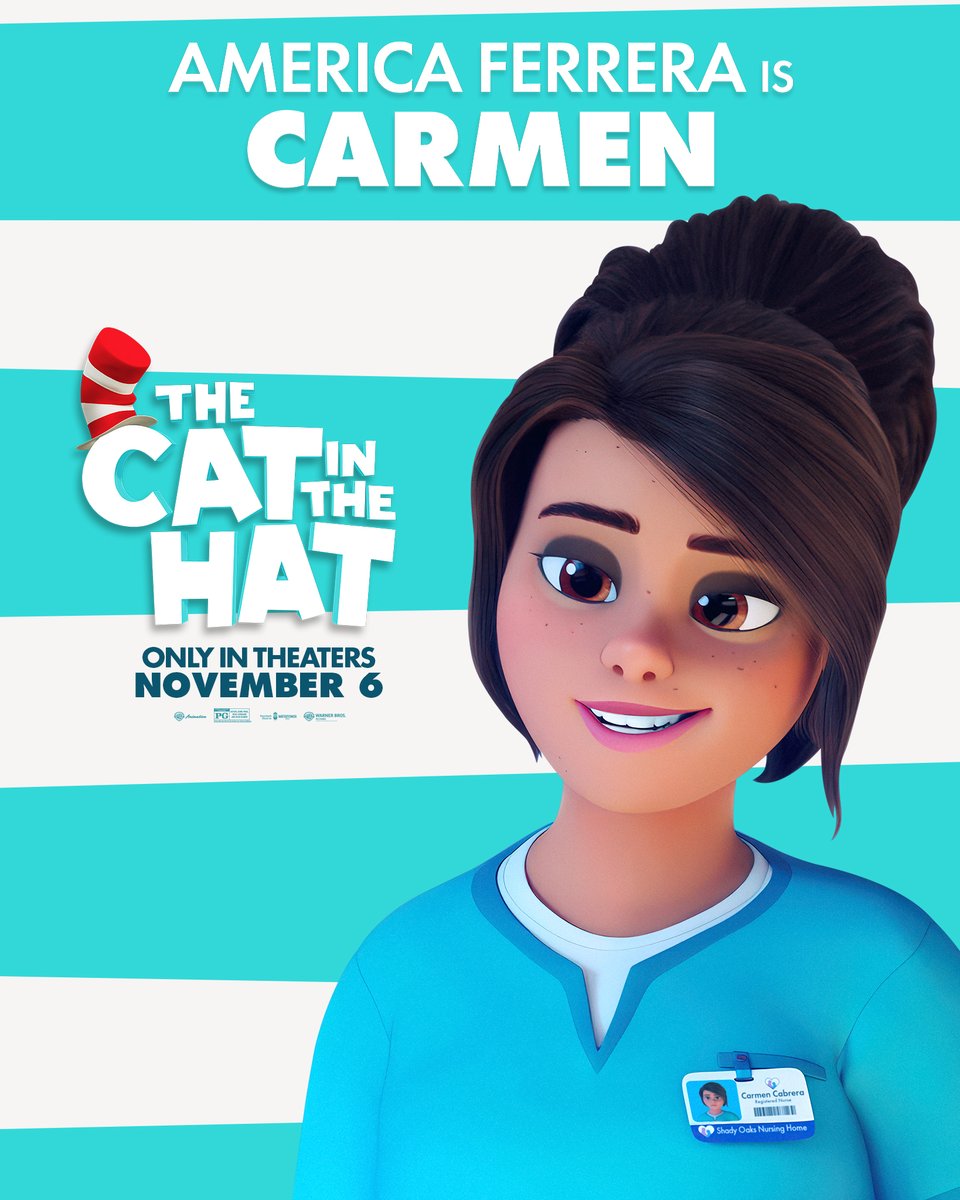 OurMovieGuide's tweet photo. New Posters of America Ferrera as Carmen and Bowen Yang as Gary The Intern in 'The Cat in the Hat’.

In theaters November 6.  #thecatinthehat https://t.co/f59GJDMw7Y