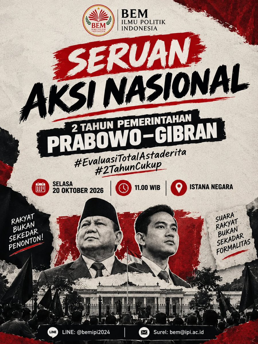 chaaaaww's tweet photo. 🚨 DUA TAHUN PEMERINTAHAN PRABOWO - GIBRAN

Guys hari ini bakal ada demo. Selain di Jakarta, Yogyakarta &amp; Bandung juga turun aksi. Yuk kawal biar bisa lewat timeline, in case beritanya ga masuk ke tv nasional. https://t.co/2pSubGtrzl