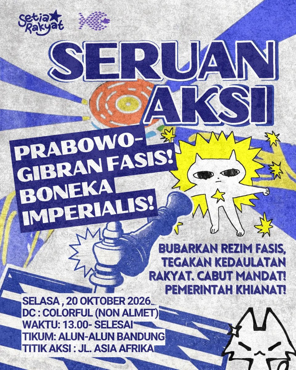 chaaaaww's tweet photo. 🚨 DUA TAHUN PEMERINTAHAN PRABOWO - GIBRAN

Guys hari ini bakal ada demo. Selain di Jakarta, Yogyakarta &amp; Bandung juga turun aksi. Yuk kawal biar bisa lewat timeline, in case beritanya ga masuk ke tv nasional. https://t.co/2pSubGtrzl