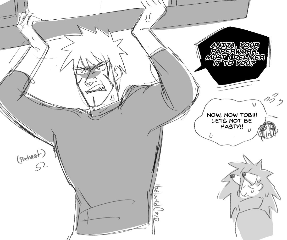beloathedCorp's tweet photo. Bonding during peacetime with Hashirama's weird feral brother who goes crazy twice a year.

(That desk was grown out of the floor and was snapped right off) https://t.co/NvDvK9saQC