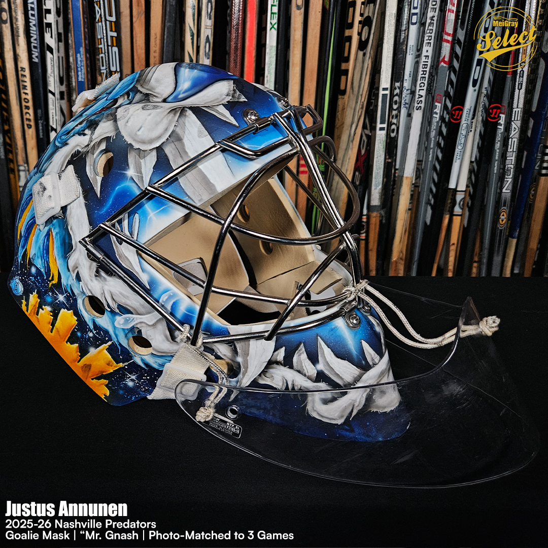 MeiGray's tweet photo. Looking for a game-used mask for your collection? 🥅

Take a look at this Nashville Predators goalie mask featuring the “Mr. Gnash” design, worn by Justus Annunen during the 2025-26 season. 🏒

MeiGray photo-matched the mask to three games: against the Toronto Maple Leafs on October 14, the Dallas Stars on October 26 and the Minnesota Wild on November 4. 📅

Through the 2025-26 season, Annunen has appeared in 80 NHL games, posting a 35-32-5 record with a .899 save percentage, a 2.87 goals-against average and three shutouts. 🧾

This Game-Used Goalie Mask is available now in the #MeiGraySelect Collection at https://t.co/pxFg2et84Y 🖥️

🔗:https://t.co/WmPl4BSxoX