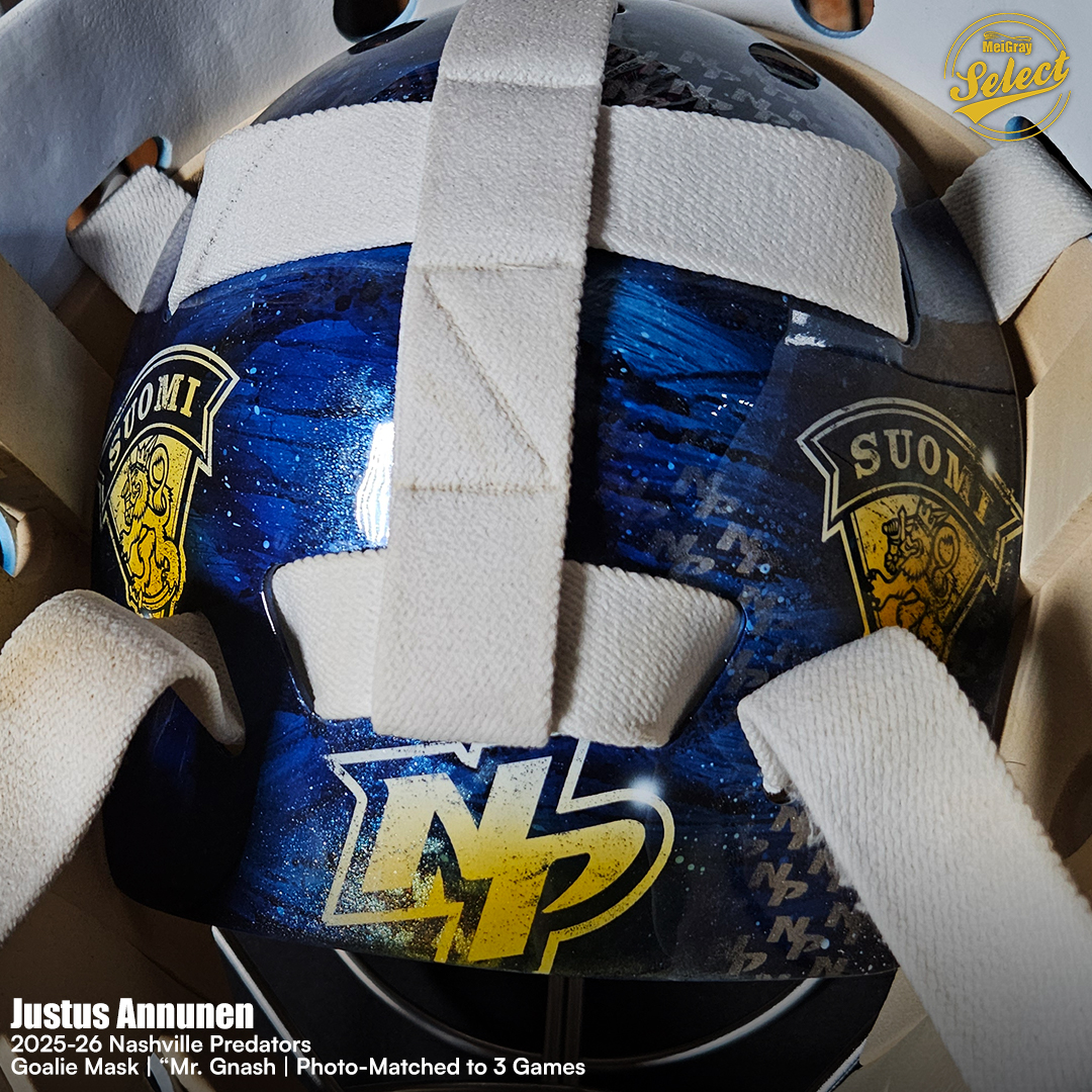 MeiGray's tweet photo. Looking for a game-used mask for your collection? 🥅

Take a look at this Nashville Predators goalie mask featuring the “Mr. Gnash” design, worn by Justus Annunen during the 2025-26 season. 🏒

MeiGray photo-matched the mask to three games: against the Toronto Maple Leafs on October 14, the Dallas Stars on October 26 and the Minnesota Wild on November 4. 📅

Through the 2025-26 season, Annunen has appeared in 80 NHL games, posting a 35-32-5 record with a .899 save percentage, a 2.87 goals-against average and three shutouts. 🧾

This Game-Used Goalie Mask is available now in the #MeiGraySelect Collection at https://t.co/pxFg2et84Y 🖥️

🔗:https://t.co/WmPl4BSxoX