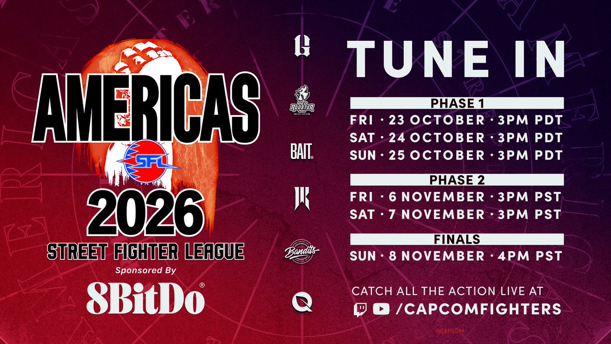 CapcomFighters's tweet photo. Ready for this weekend? #SFLAMERICAS2026 kicks off this FRIDAY at 3PM PDT (6PM EDT). 

Five languages. One league.

#SFLAMERICAS2026 co-streams:
🇺🇸 English: https://t.co/mrJIrC87n2 & https://t.co/RkTaTnsCHZ
🇯🇵 Japanese: https://t.co/9kXmO40JXQ & https://t.co/VbmlOocHlf
🇰🇷 Korean: https://t.co/YS3z8s1eKS
🇧🇷 Portuguese: https://t.co/BR5qBUbbic & https://t.co/E4mWBSXI3l
🇪🇸 Spanish: https://t.co/nQATW3Afn7 & https://t.co/lk2yMIhGz9

Live from Oct 23.