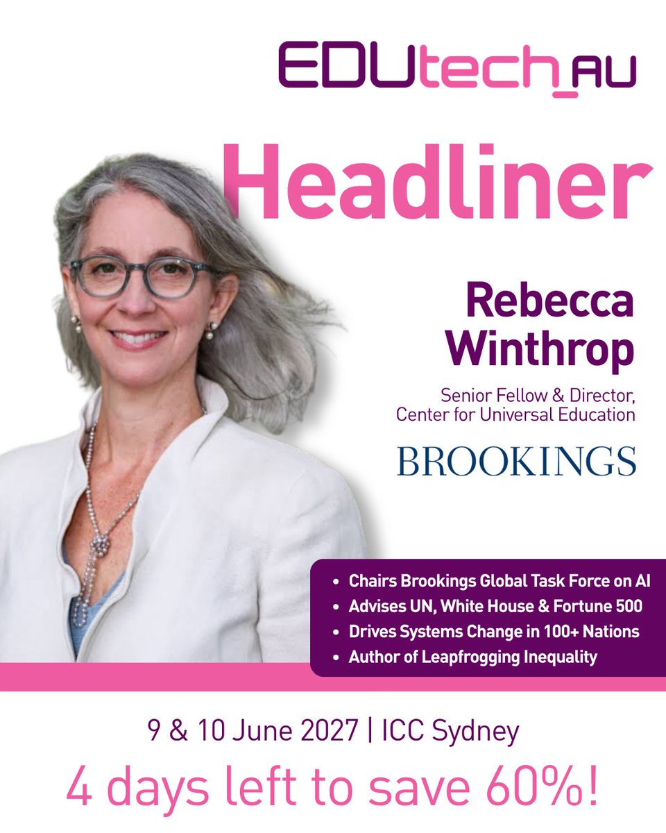 EDUtech_AU's tweet photo. Rebecca Winthrop brings education insights from 100+ nations to EDUtech 2027! 💡

• Brookings Director &amp; Global AI Chair
• Advisor to UN &amp; White House

Lock in your spot now https://t.co/8u0q4aJg8g
🗓️ 3 &amp; 4 June 2027 📍 ICC Sydney https://t.co/8XS5qQJToK