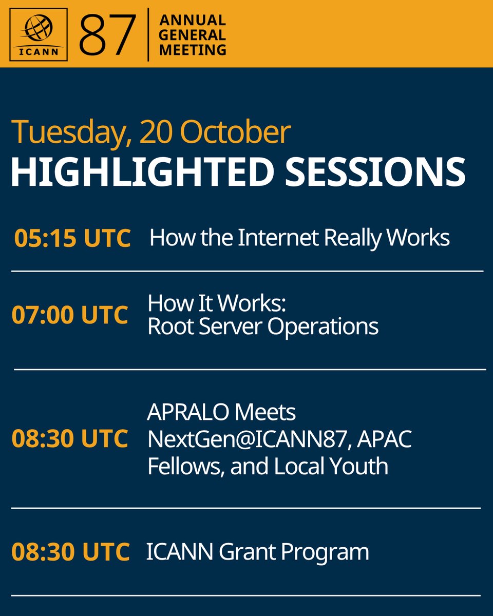 ICANN's tweet photo. 👀 What’s on your #ICANN87 schedule today? 

Policy? Technical topics? Community work? Something completely new?

There’s plenty to choose from. 👉 Take a look at today’s agenda and build your day >>  https://t.co/WnX7RRHhrq #ICANN https://t.co/eu1NhMDA5v