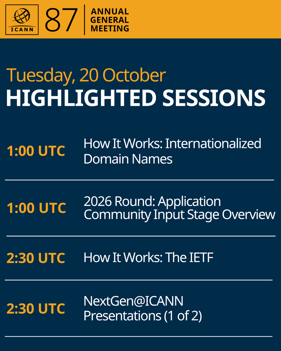 ICANN's tweet photo. 👀 What’s on your #ICANN87 schedule today? 

Policy? Technical topics? Community work? Something completely new?

There’s plenty to choose from. 👉 Take a look at today’s agenda and build your day >>  https://t.co/WnX7RRHhrq #ICANN https://t.co/eu1NhMDA5v