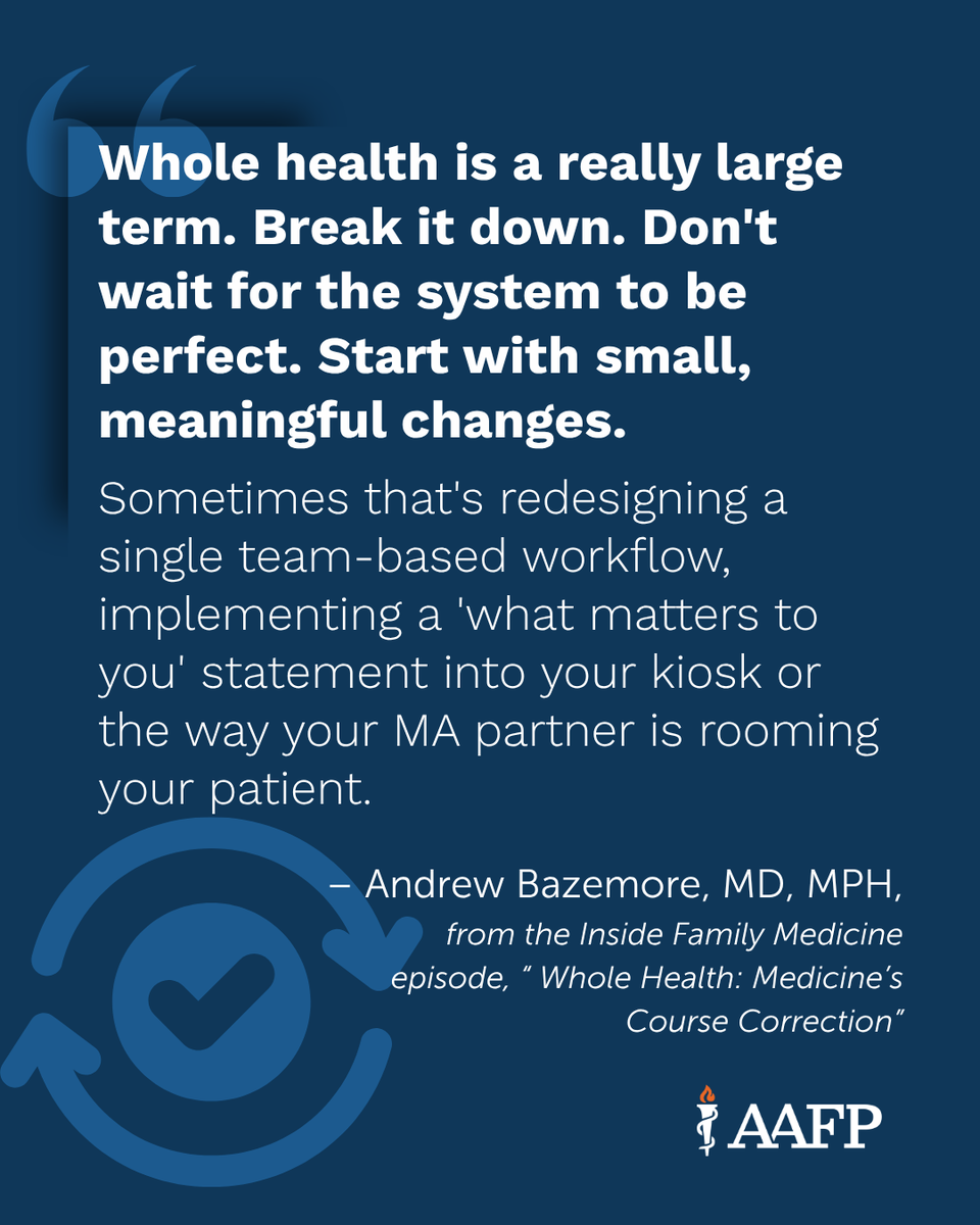 aafp's tweet photo. In our latest episode of #InsideFamilyMedicine, Andrew Bazemore, MD, MPH, and Beth Polk, MD, FAAFP, join us to discuss whole health in primary care. The episode highlights training needs in residency programs, small, actionable practice changes, clinician well-being and the risks and opportunities of AI in supporting whole health. Watch here: https://t.co/KKag4pomHq