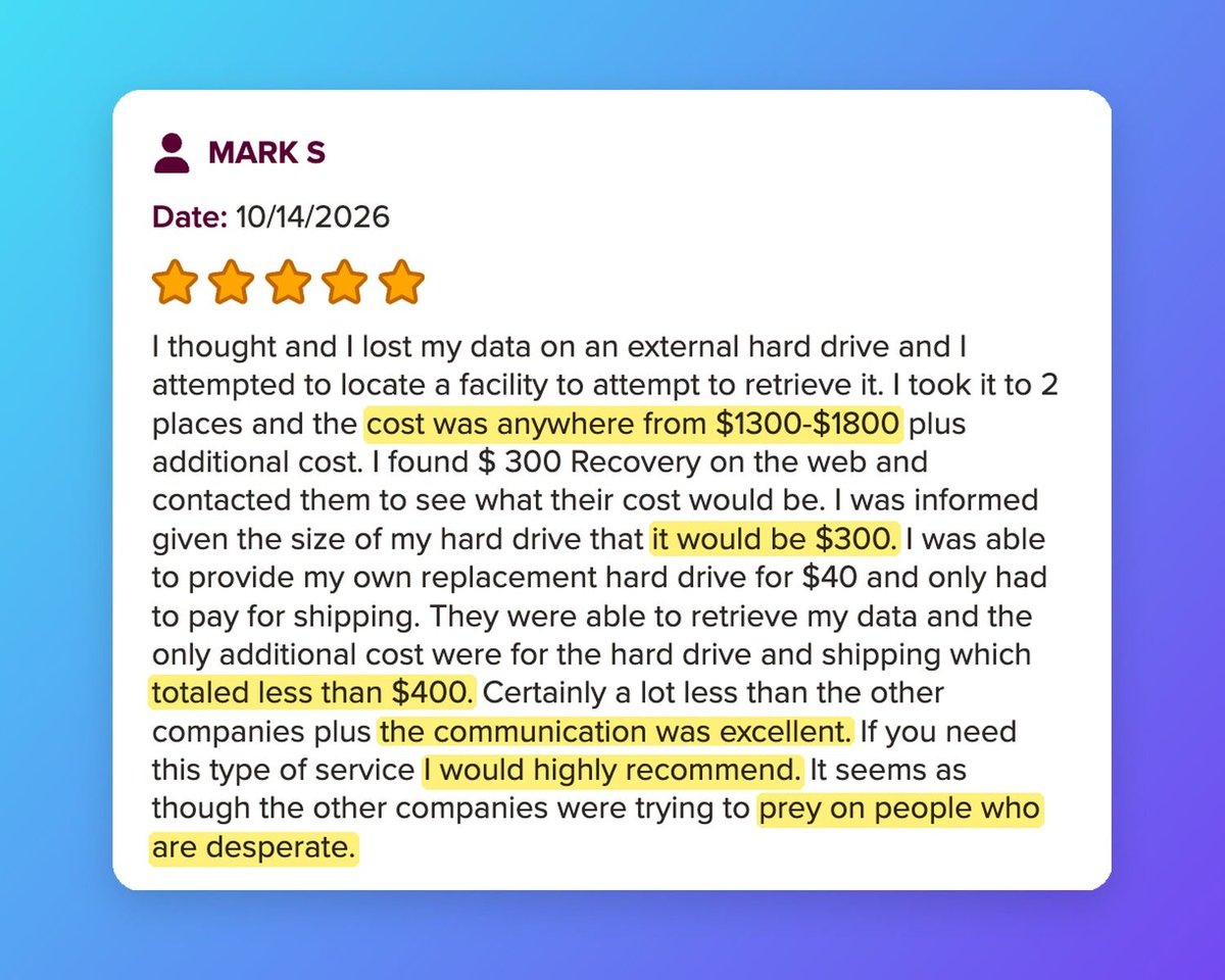 300DataRecovery's tweet photo. Two shops quoted Mark $1,300 to $1,800. We quoted $300. 💾 His external drive's data came back, total bill under $400 with the replacement drive and shipping. 🔧 Communication he called excellent. ✨ #300DDR #DataRecovery

https://t.co/XwKw1lvU7a https://t.co/G5Jvwq1IuO