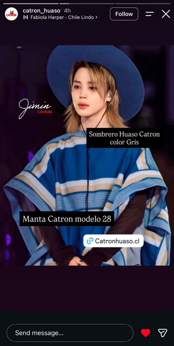 info_jimin's tweet photo. ESCOLHA PERFEITA! A loja que vendeu os chapéus e as roupas tradicionais chilenas que o Jimin e os membros usaram durante o último dia de show no Chile postou no Instagram que todos os membros escolheram suas próprias cores durante uma videochamada.

O azul do Jimin combinou perfeitamente com ele e realçou toda a sua beleza, como se fosse a cor dele. 💙

Story:https://t.co/5fymPWbjpe
Reel:https://t.co/atTGQRXHIT