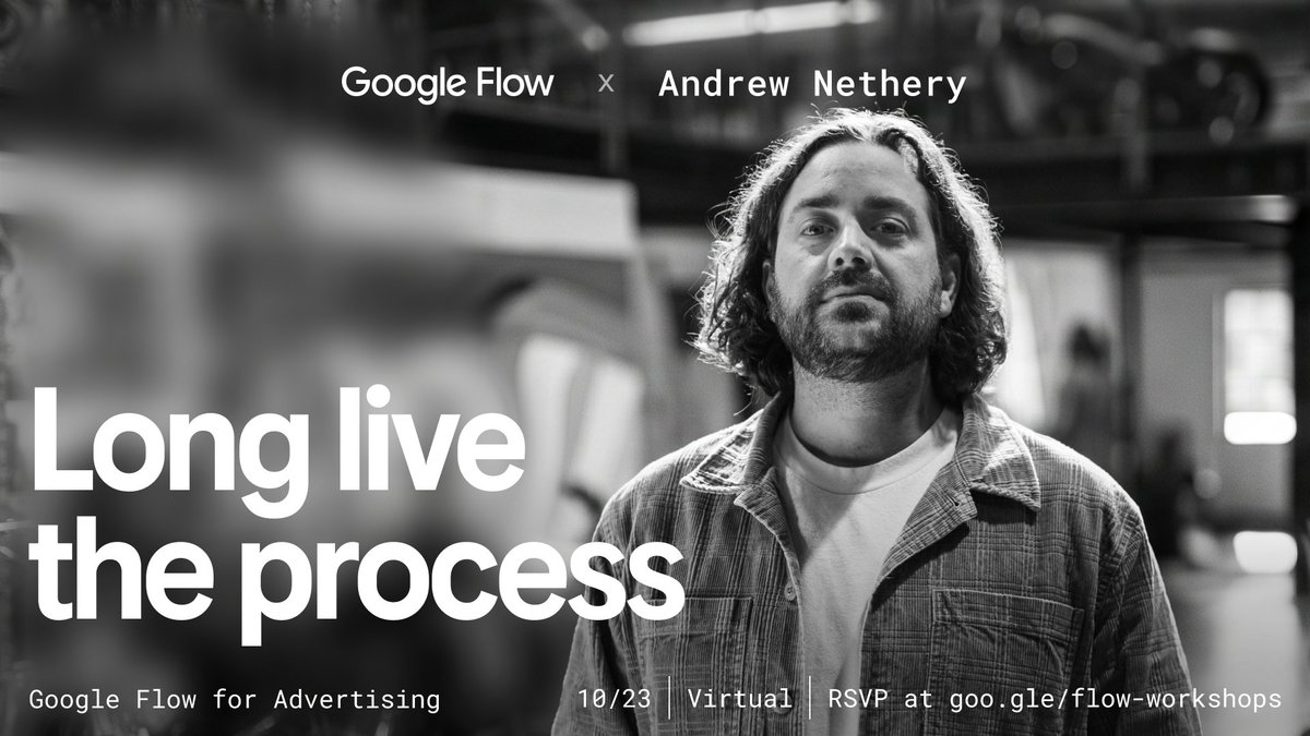 FlowbyGoogle's tweet photo. Bring your wildest ideas.

Join our Hybrid Production | Filmmaking & Advertising digital workshop on Oct. 23 @ 9AM PT. In this session, Creative Director and Filmmaker Andrew Nethery shares how he pairs traditional live-action production with experimental, hybrid AI workflows for his latest short film, Nothin' Beats a Cheeseburger.

RSVP here: https://t.co/dIovfD3eXa