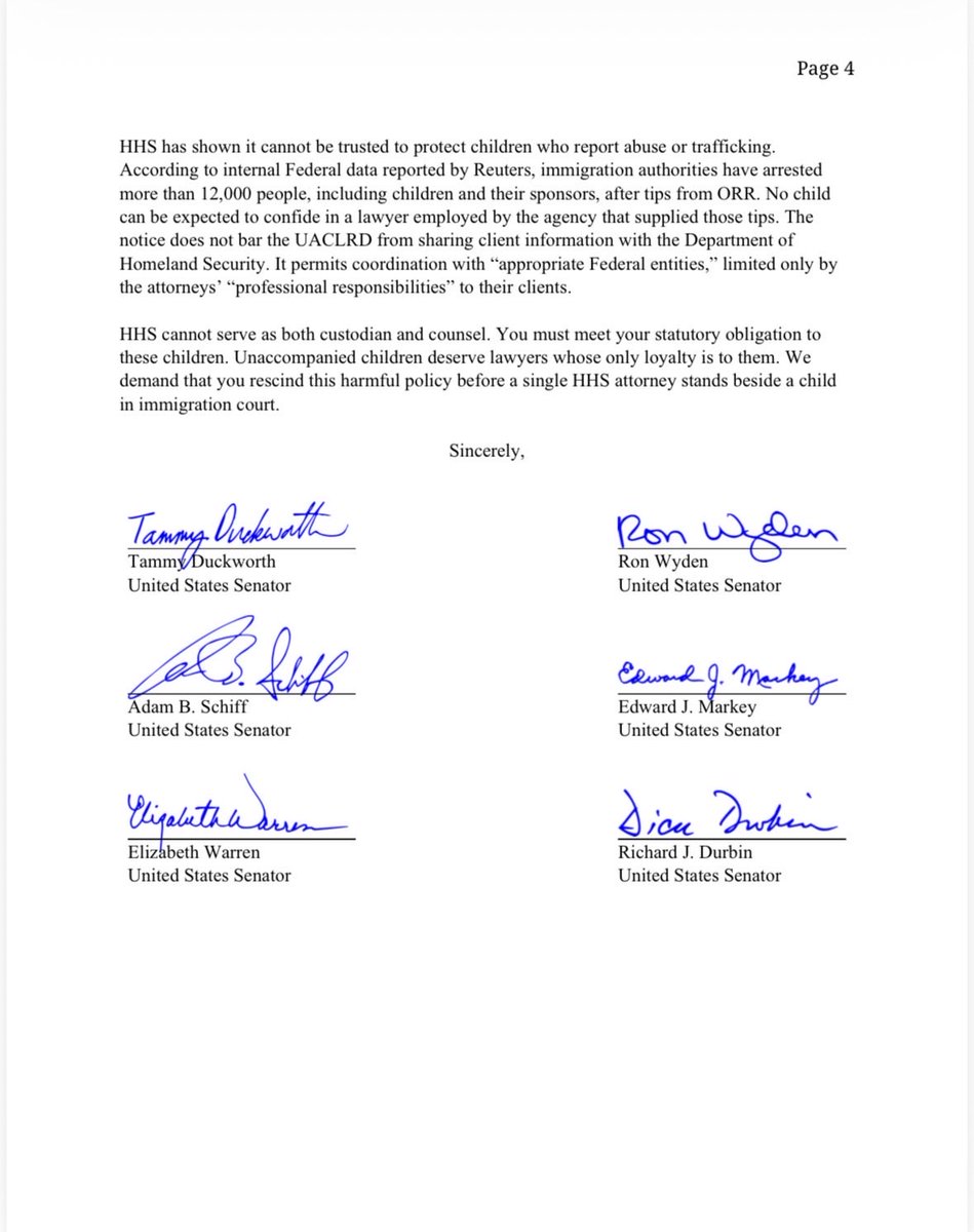 A page from a formal letter, with two paragraphs of printed text followed by a closing and six handwritten signatures with printed names and titles. The page number appears at the top.