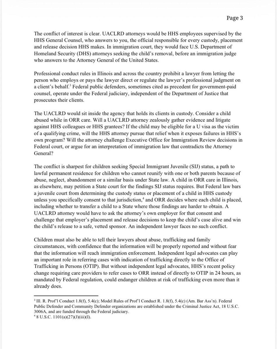 A photographed page from a formal legal or policy document. It contains several paragraphs of dense text discussing conflicts of interest and legal representation for children in government custody, with footnotes at the bottom. A page number appears in the upper-right corner.