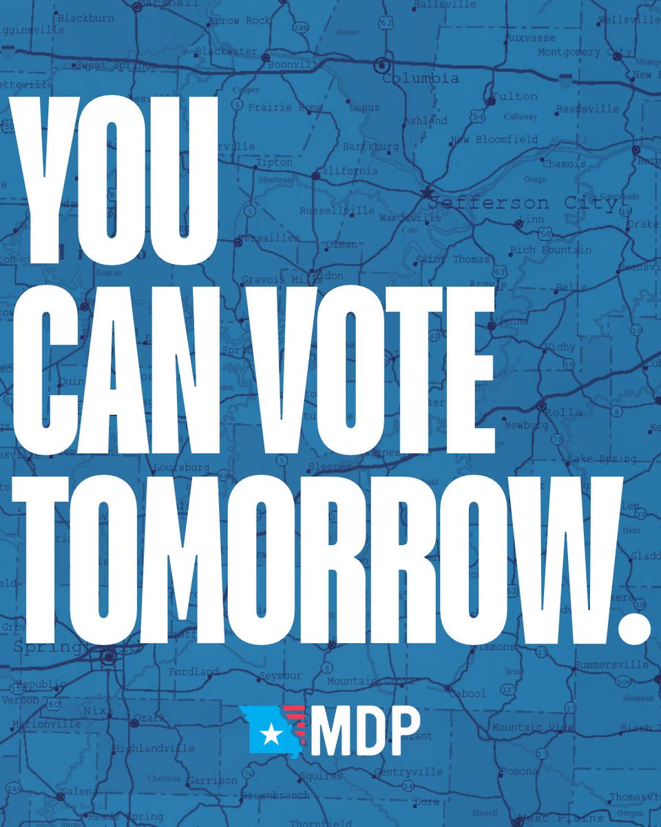 MoDemParty's tweet photo. No-excuse absentee voting opens for everyone tomorrow in Missouri. Make a plan and get it done. Vote for the Democrats on your ballot, YES on 6 and NO on every other state question. https://t.co/foKwZAc1BR